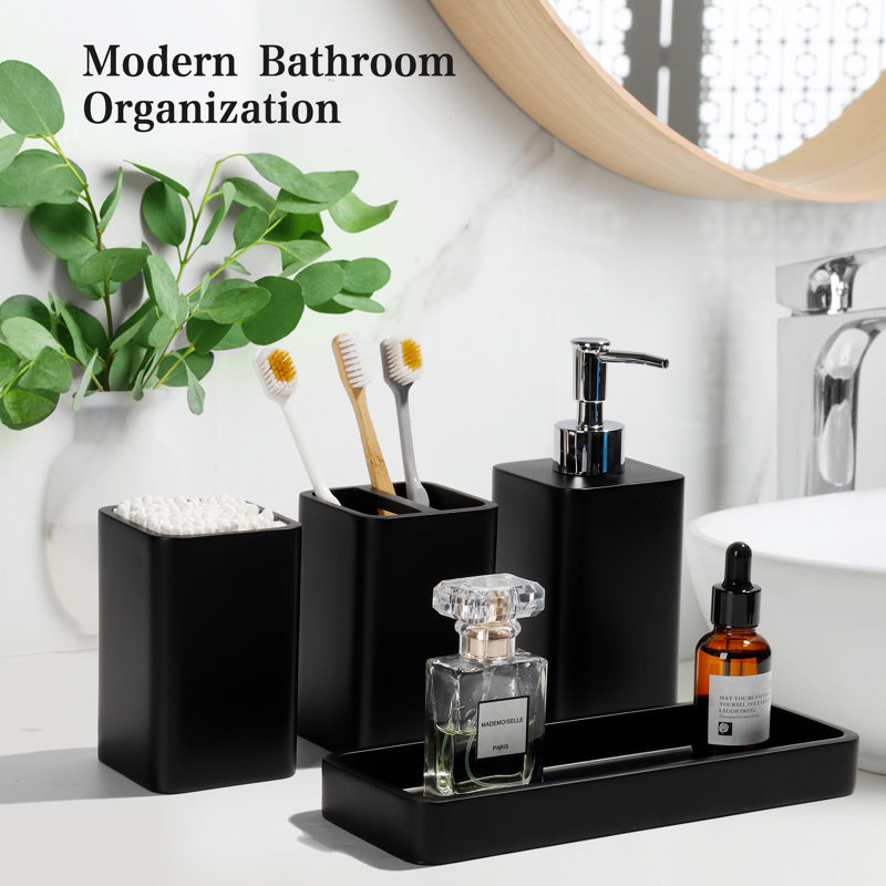 Latitude Run Bathroom Accessories Set 4 Pcs Bathroom Accessory Set Soap Dispenser Toothbrush Holder Holder Set Bathroom Sets Complete Bathroom Sink Set For Modern Home Decor Matte Black Wayfair